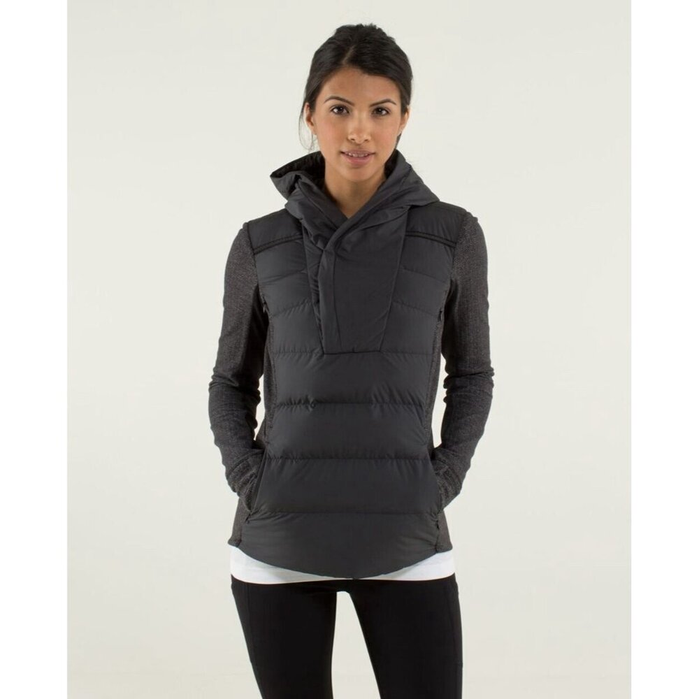 Lululemon Womens Fluff Off Pullover Sz 10 Black Herringbone Quilted Down Hoodie